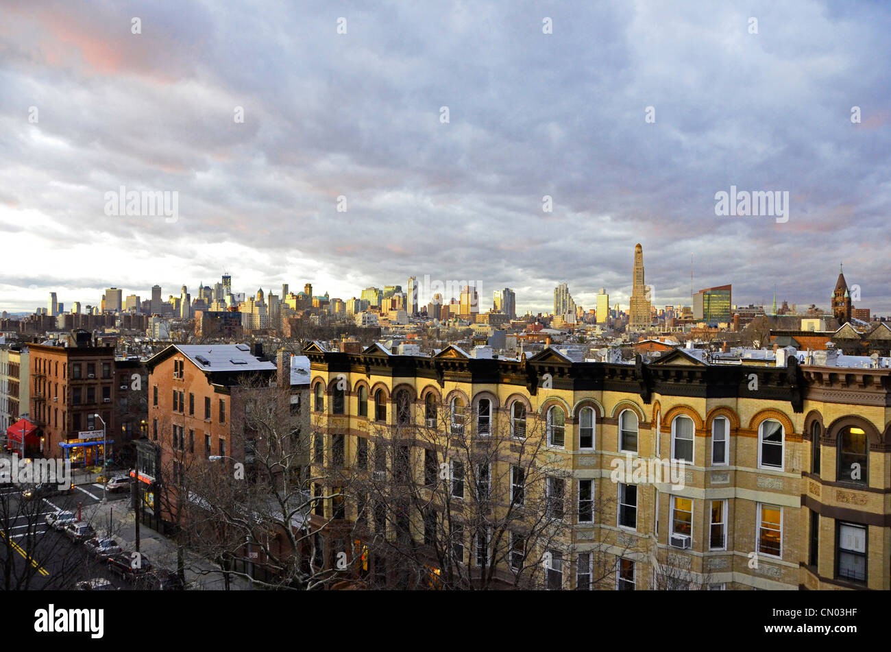 Brownstone roof with NYC skyline